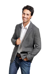 Fashion portrait, happy and man in suit isolated on a transparent png background. Business, smile and person, professional and consultant worker in clothes, jeans and confidence in style in Italy