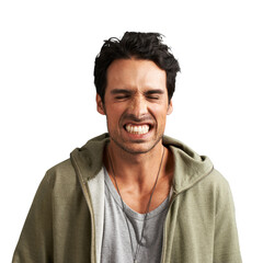 Fototapeta premium Young man, angry and show teeth for stress, frustrated and anxiety for education, college or university. Casual person or student for study debt or mistake isolated on a png, transparent background