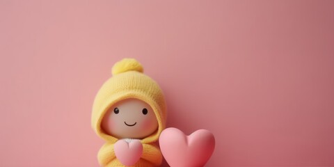 cute stuffed doll toy sitting on pink background, love and lifestyle concept, playful with copy space for text
