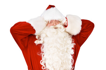 Christmas, headache and santa claus covering his ears isolated on transparent background. Stress,...