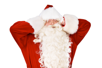 Christmas, headache and santa claus covering his ears isolated on transparent background. Stress, frustration and a man in costume for a festive event on PNG in winter or the december holiday season