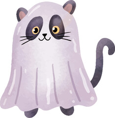 Cat and Ghost Halloween Watercolor Illustration