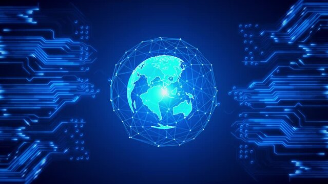 3D Global Technology Planet earth in cyberspace. Worldwide Big Data flow Cloud Big Data Cloud. cyber artificial data network connection. mining blockchain crypto currency exchange in business concept
