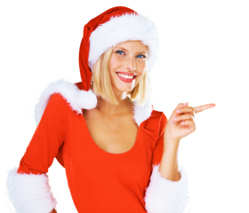 Portrait, festive and a woman Santa Claus pointing isolated on a transparent background in December. Smile, promotion offer and Christmas is coming soon with a young female in costume on PNG