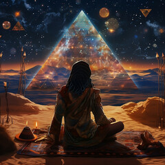 the prompt in Midjourney was this ''a young mage in ancient egypt, near the gyze pyramids, on a psychedelic psilocybin trip (with lots of sacred geometries), in front of a campfire. very starry sky'' - obrazy, fototapety, plakaty