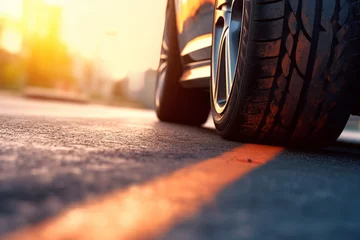 Deurstickers Close-up of tire of car driving on asphalt road, © alisaaa