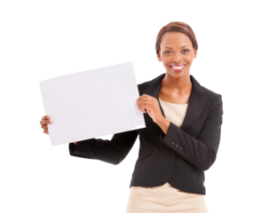 Black woman, portrait and billboard in advertising, presentation or message isolated on a transparent PNG background. Happy African female person smile with poster or sign in business for marketing