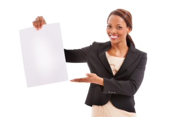 Black woman, portrait and poster in advertising, presentation or message isolated on a transparent PNG background. Happy African female person smile with billboard or sign in business for marketing
