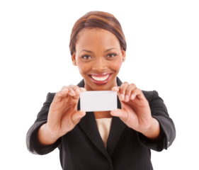 Happy black woman, portrait and business card for information or contact us isolated on a transparent PNG background. African female person smile with paper, list or sign in advertising or marketing
