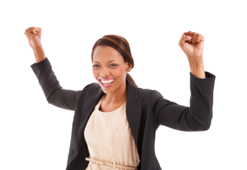 Happy black woman, fist pump and celebration in winning, bonus or promotion isolated on a transparent PNG background. Excited African female person smile in happiness, victory success or good news