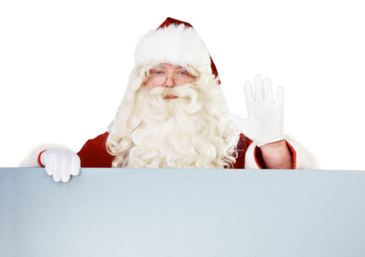 Isolated Santa Claus man, blank poster and wave in portrait for promo, mockup space or transparent png background. Christmas character, paper billboard or sign for marketing in festive holiday season