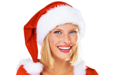 Isolated santa hat, woman and portrait for smile, beauty or makeup at Christmas by transparent png background. Lady, xmas costume and Mrs Claus in celebration, festive holiday or happy with cosmetics