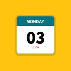 june 03 monday icon with yellow background, calender icon