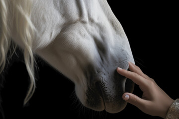Close up of white horse being caressed by female hand