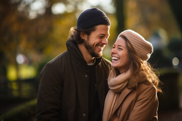 Fototapeta premium Lifestyles, relationship and multicultural concept. Happy young and beautiful couple walking and laughing in public park. Joyful mood. Outdoors park and nature in background. Generative AI