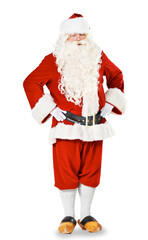 Portrait, Christmas and festive with a serious Santa Claus isolated on a transparent background for December celebration. Winter, holiday and season with a man in a red costume or clothes on PNG