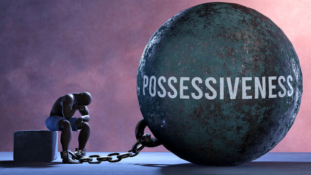 Possessiveness - a metaphor showing human struggle with Possessiveness. Resigned and exhausted person chained to Possessiveness. Drained and depressed by a continuous struggle,3d illustration