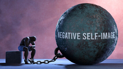 Negative self image - a metaphor showing human struggle with Negative self image. Resigned and exhausted person chained to Negative self image. Depressed by a continuous struggle,3d illustration