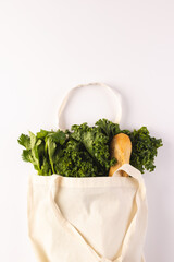 White canvas bag with baguette and green salad vegetables and copy space on white background