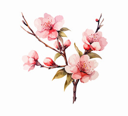 Set of cherry blossom flowers isolated on white background. watercolor illustration. Generated AI