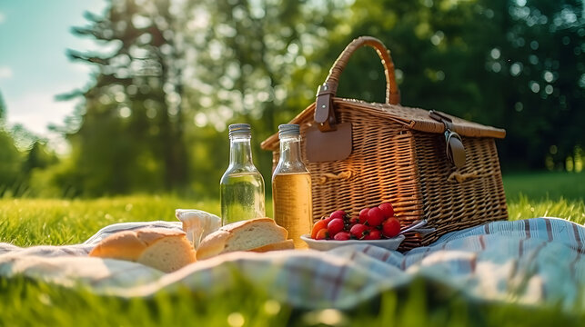 Picnic time with food fruit wine on beautiful grass at countryside 