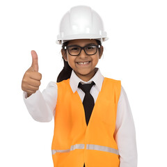 front view close up of a indian girl model dressed in Architect costume with thumbs up isolated on a transparent white background