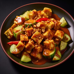 A dish of rojak with fruits and vegetables
