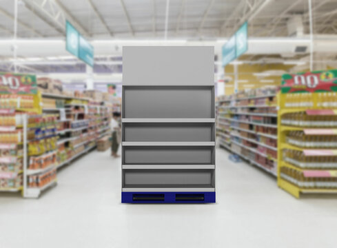 Supermarket Product Display Gondola Stand. 3D Rendering.