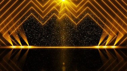 4K 3D Award party stage golden stage glitter animation. stars, lights and particles. Luxury gold light streak. Particle, luxury awards ceremony background, Awards performance. New year Christmas