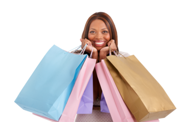 Happy black woman, portrait and shopping bags in sale, discount or retail isolated on a transparent PNG background. African female person, shopper or customer smile in fashion for purchase or buying