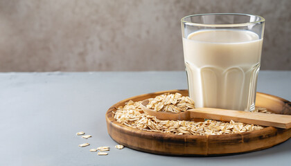 Vegan oat milk, non dairy alternative milk in a glass. Vegan non dairy alternative milk. Oat flakes...