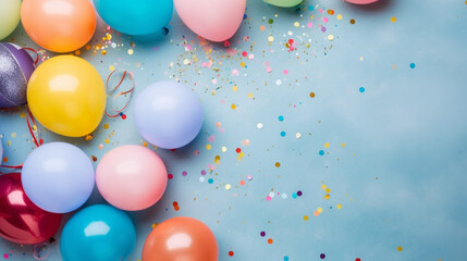 Colorful balloons and confetti on blue table top view, Festive or party background, Flat lay style, Copy space for text, Birthday greeting card