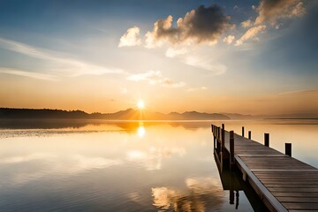 sunset on the lake, pier on the lake , beautiful lake view in the sunset, scenery view , best view of the sunset