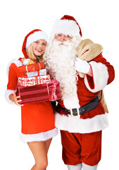 Celebrate, Christmas present and Santa Claus with help isolated on a transparent background. Happy, festive and portrait of man and woman in a red costume on PNG with gift for holiday event