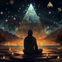the prompt in Midjourney was this ''a young mage in ancient egypt, near the gyze pyramids, on a psychedelic psilocybin trip (with lots of sacred geometries), in front of a campfire. very starry sky''