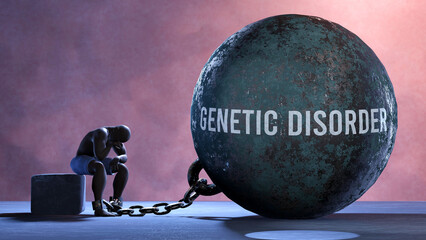 Genetic disorder - a metaphor showing human struggle with Genetic disorder. Resigned and exhausted person chained to Genetic disorder. Drained and depressed by a continuous struggle,3d illustration - obrazy, fototapety, plakaty