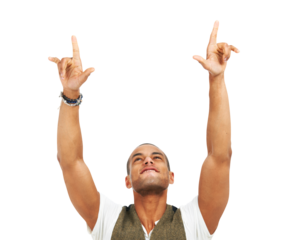 Man, pointing up and celebration with victory, winning and model isolated on a transparent background. Male person, arms raised or winner with hand gesture, success or rocker with sign, symbol or png