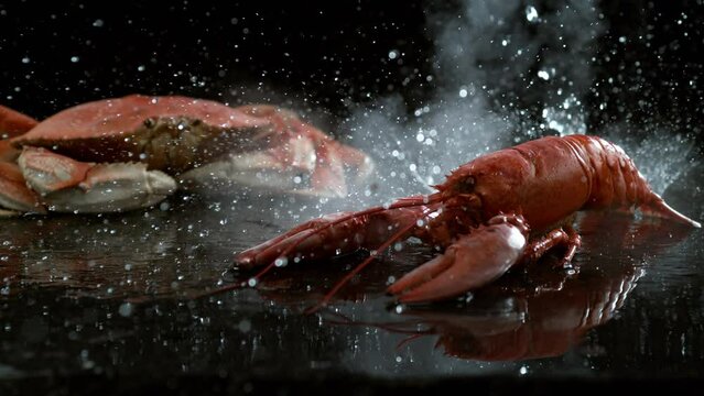 Lobster on grill in slow motion