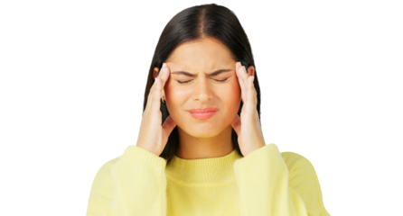 Stress, frustrated and a woman with a headache isolated on a transparent png background. Burnout, anxiety and a girl with temples massage for migraine pain, mental health or tired of a problem