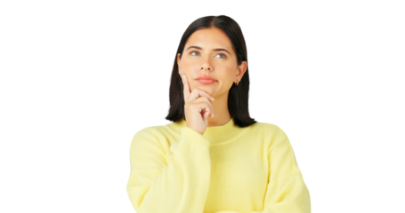 Thinking, decision and face of a young woman with vision or doubt isolated on a transparent, png background. Question, solution and a person with hand on chin for choice, idea or problem solving