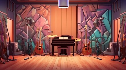 Illustration of a musical instruments in the interior of the room, ai generative