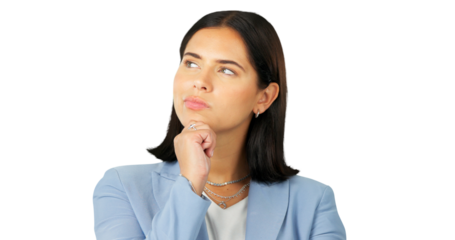 Idea, thinking and face of a business woman with vision or doubt isolated on a transparent, png background. Question, solution and a person with hand on chin for choice, decision or problem solving