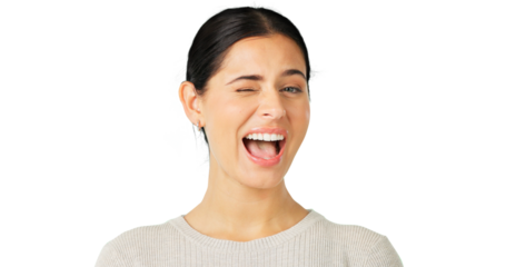 Flirty, woman and portrait wink expression isolated on a transparent png background. Happy, young female model and smile for emoji, secret and cool girl in a fun mood and personality confidence