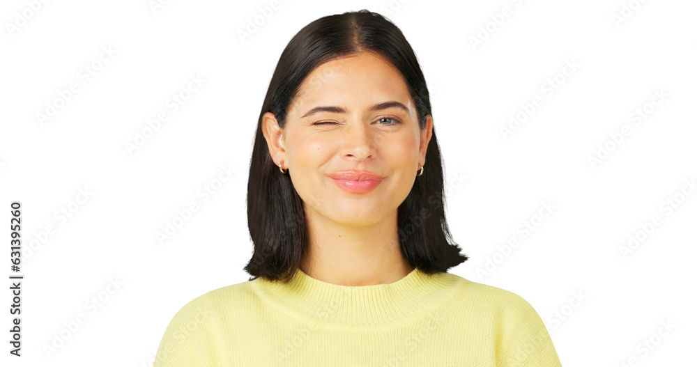 Wall mural Portrait, woman and flirty face wink while isolated on a transparent png background. Happy, female model and eye expression with smile of cool girl, fun mood and joyful personality for confidence