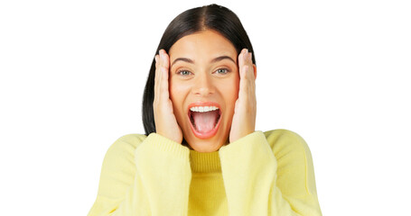 Excited, shout and portrait of a young woman isolated on a transparent, png background. Wow, mind...