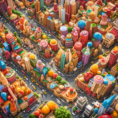 Fototapeta na wymiar Souvenir shop in the city. A city built entirely out of food, colorful, detailed, stylized, fun, absurd, vivid, delicious, overhead view, centralized, wide angled, vibrant, fantastical