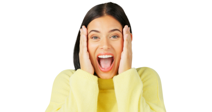 Excited, shout and portrait of a young woman isolated on a transparent, png background. Wow, mind blown and surprise of female person with discount or sale announcement, good news and hands on face
