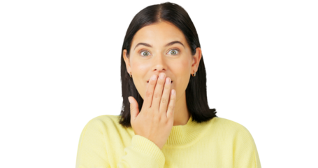 Shock, wow and portrait of a young woman isolated on a transparent, png background. Hand on mouth, surprise and an excited female person with a secret, gossip and omg announcement or gasping emoji