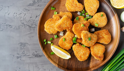 Golden chicken nuggets in a wooden plate, sprinkled with green onions and a lemon wedge. Copy space. Flatlay