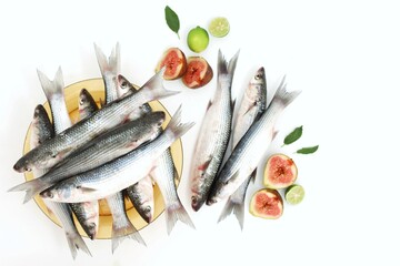Fresh sea fish, Buri, Loban, Mullet, seafood, wooden table, top view, place for text, background